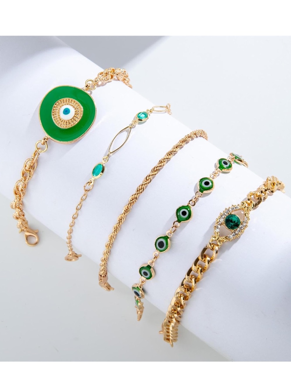 Anthropologie Gold-Tone Bracelet Stack with Green Enamel Evil Eye Accents